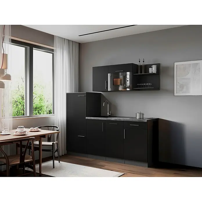 Respekta Oliver Küchenzeile - Breite: 205 cm, Schwarz, Mit Elektrogeräten, mit Mikrowelle - Moderne Küche mit schwarzen Schränken, Edelstahlmikrowelle und Essbereich, zeigt kompakte Funktionalität.