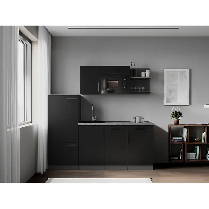 Respekta Oliver Küchenzeile - Breite: 205 cm, Schwarz, Mit Elektrogeräten, mit Mikrowelle - Schwarze modulare Küchenzeile mit grauer Arbeitsplatte, Spüle, Mikrowelle und Kochfeld in einer modernen Wohnung.