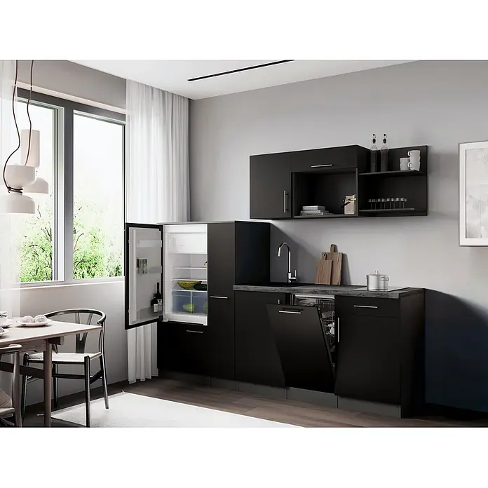Respekta Oliver Küchenzeile - Breite: 235 cm, Schwarz, Mit Elektrogeräten - Moderne, kompakte Küche mit dunkelgrauen Schränken, heller Arbeitsplatte, integriertem Kühlschrank und Geschirrspüler, in einem Raum mit Essbereich.