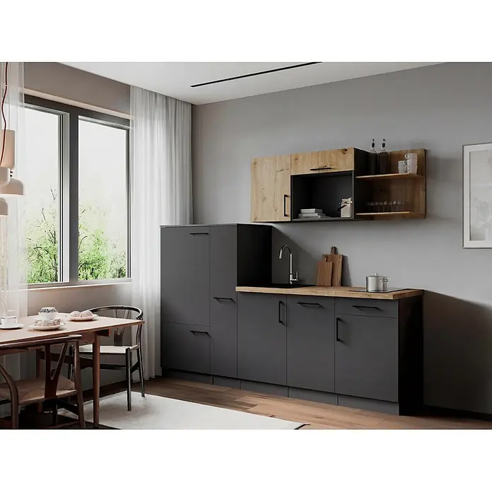 Respekta Oliver Küchenzeile - Breite: 235 cm, Grau/Holz, Mit Elektrogeräten - Moderne Küche mit dunkelgrauen Unterschränken, hellen Holz-Arbeitsplatten und passenden Wandregalen. Mit integrierter Spüle und Kochfeld.