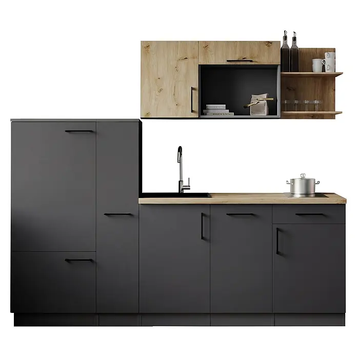 Respekta Oliver Küchenzeile - Breite: 235 cm, Grau/Holz, Mit Elektrogeräten - Modern L-förmige Küche mit dunkelgrauen Unterschränken, heller Holz-Arbeitsplatte, schwarzer Spüle und gemischten hellen Holz- & dunkelgrauen Oberschränken/Regalen.