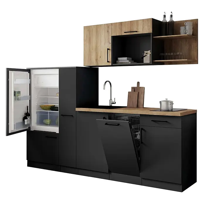 Respekta Oliver Küchenzeile - Breite: 235 cm, Grau/Holz, Mit Elektrogeräten - Moderne Küchenzeile mit schwarzen Unterschränken, Holz-Arbeitsplatte und Holz-Hängeschränken, mit offenem Kühlschrank und Geschirrspüler.