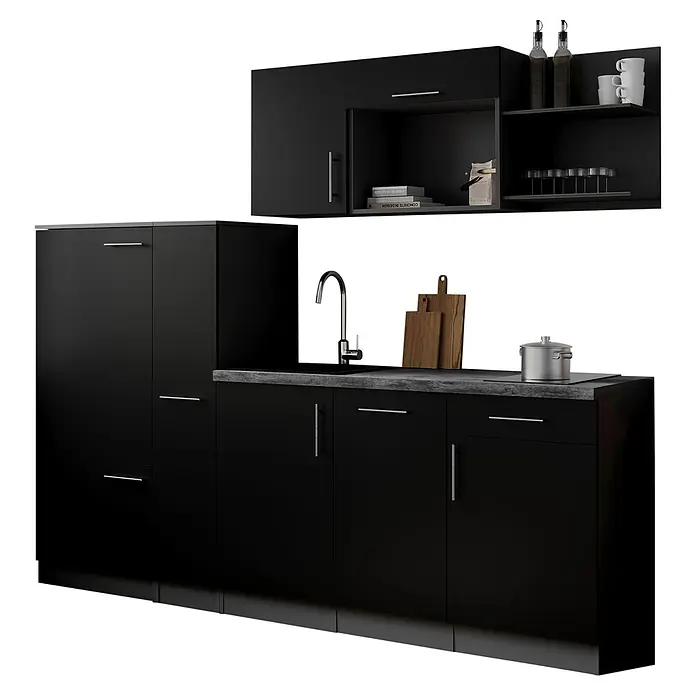 Respekta Oliver Küchenzeile - Breite: 235 cm, Schwarz, Mit Elektrogeräten - Moderne schwarze Küchenschrank-Garnitur mit grauer Arbeitsplatte, Spüle und Chromgriffen. Oben- und Unterschränke.
