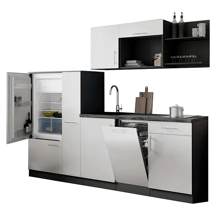 Respekta Oliver Küchenzeile - Breite: 235 cm, Weiß, Mit Elektrogeräten - Weiße und schwarze Küchenzeile mit Kühlschrank, Spüle und Geschirrspüler.