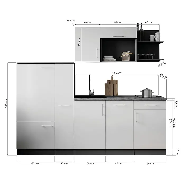 Respekta Oliver Küchenzeile - Breite: 235 cm, Grau, Mit Elektrogeräten - Weiße und dunkelgraue modulare Küchenzeile mit Schränken, Spüle und Kochfeld, mit Maßen.