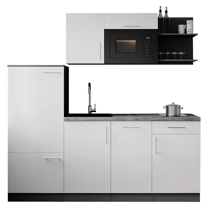Respekta Oliver Küchenzeile - Breite: 205 cm, Weiß, Mit Elektrogeräten, mit Mikrowelle - Moderne Küche mit weißen Schränken, schwarzer Einbaumikrowelle, Spüle und Kochfeld mit Topf, dazu dunkelgraue Arbeitsplatten.