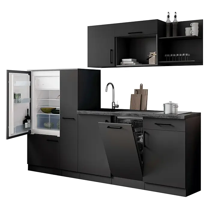 Respekta Oliver Küchenzeile - Breite: 235 cm, Grau, Mit Elektrogeräten - Moderne schwarze Küchenzeile mit offenem Kühlschrank und Geschirrspüler, Spüle und Kochfeld.