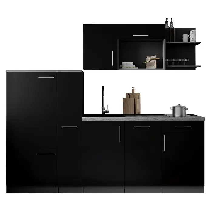 Respekta Oliver Küchenzeile - Breite: 235 cm, Schwarz, Mit Elektrogeräten - Schwarze moderne Küchenzeile mit Spüle, Wasserhahn und Kochfeld, inklusive Schränken und Regalen.