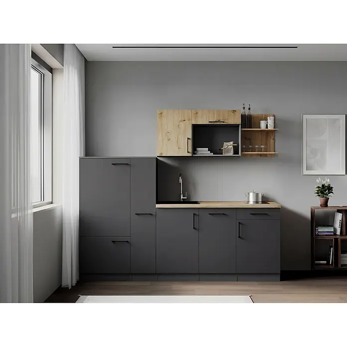 Respekta Oliver Küchenzeile - Breite: 235 cm, Grau/Holz, Mit Elektrogeräten - Moderne Modulküche mit dunkelgrauen Schränken und heller Eichenholz-Arbeitsplatte und oberen Elementen.