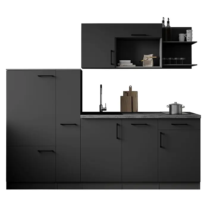 Respekta Oliver Küchenzeile - Breite: 235 cm, Grau, Mit Elektrogeräten - Moderne schwarze Küche mit matten Schränken, Spüle und offenen Regalen, inklusive Küchenutensilien.