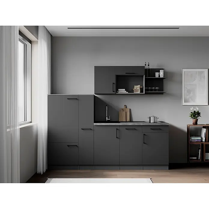 Respekta Oliver Küchenzeile - Breite: 235 cm, Grau, Mit Elektrogeräten - Moderne dunkelgraue Küche mit integrierter Spüle und Kochfeld, eleganten Schränken und Regalen für einen funktionalen Kochbereich.
