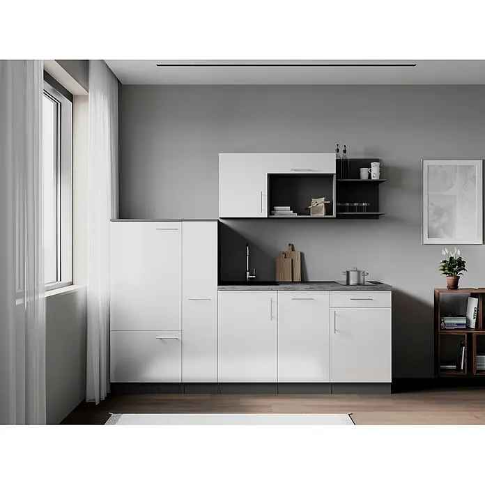 Respekta Oliver Küchenzeile - Breite: 235 cm, Weiß, Mit Elektrogeräten - Moderne minimalistische Küche mit weißen Schränken, grauen Arbeitsplatten, integrierter Spüle und Kochfeld.