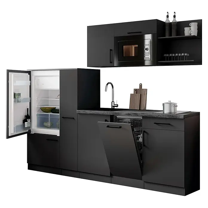 Respekta Oliver Küchenzeile - Breite: 235 cm, Grau, Mit Elektrogeräten, mit Mikrowelle - Moderne dunkelgraue Küchenzeile mit integriertem Kühlschrank, Geschirrspüler, Mikrowelle, Spüle und Kochfeld, inklusive Schneidebrettern und Geschirr.