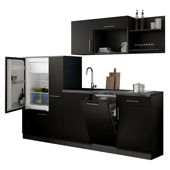 Respekta Oliver Küchenzeile - Breite: 235 cm, Schwarz, Mit Elektrogeräten - Moderne schwarze Küchenzeile mit integriertem offenem Kühlschrank, Geschirrspüler, Spüle, Kochfeld und Oberschränken.