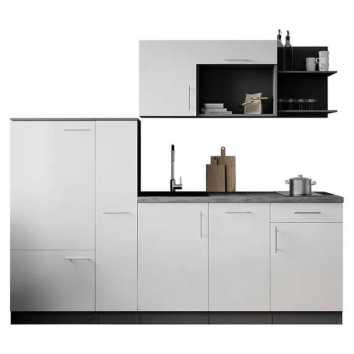 Respekta Oliver Küchenzeile - Breite: 235 cm, Weiß, Mit Elektrogeräten - Weiße modulare Küche mit dunkelgrauen Arbeitsplatten, integrierter Spüle, Kochfeld und offenen Regalen.