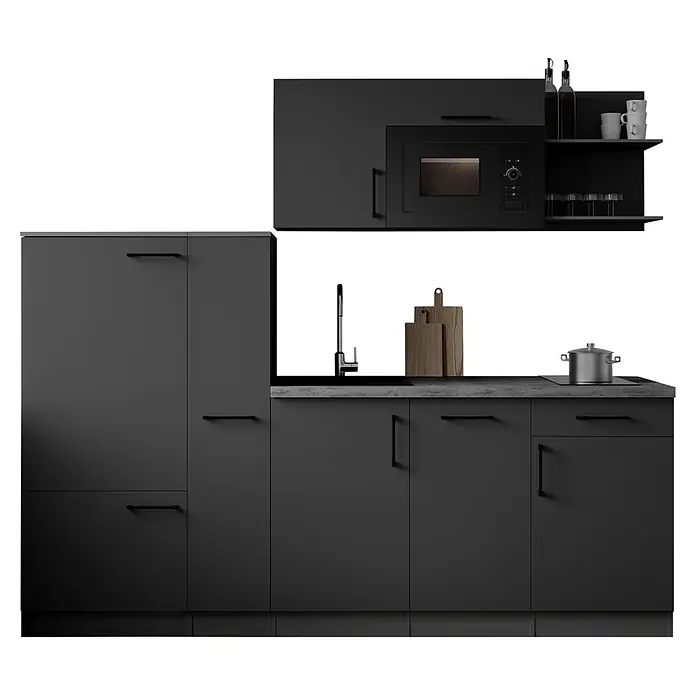 Respekta Oliver Küchenzeile - Breite: 235 cm, Grau, Mit Elektrogeräten, mit Mikrowelle - Moderne schwarze Küche mit Ober- und Unterschränken, integrierter Mikrowelle, Spüle und Herd. Dunkle Arbeitsplatte, Holzschneidebretter, Topf.