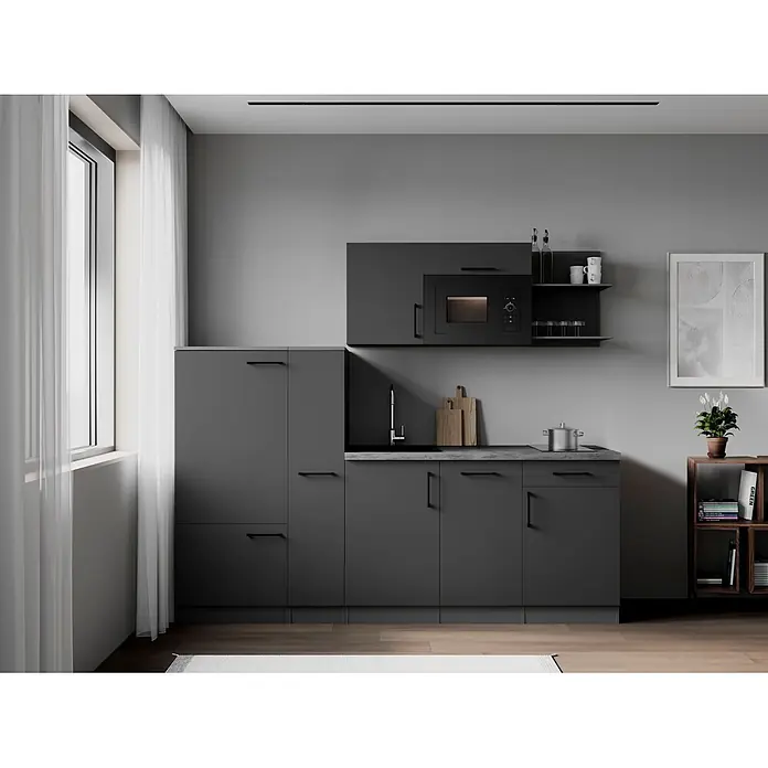 Respekta Oliver Küchenzeile - Breite: 235 cm, Grau, Mit Elektrogeräten, mit Mikrowelle - Dunkelgraue modulare Küche mit integrierter Mikrowelle, Spüle und Kochfeld in einer modernen Wohnung.