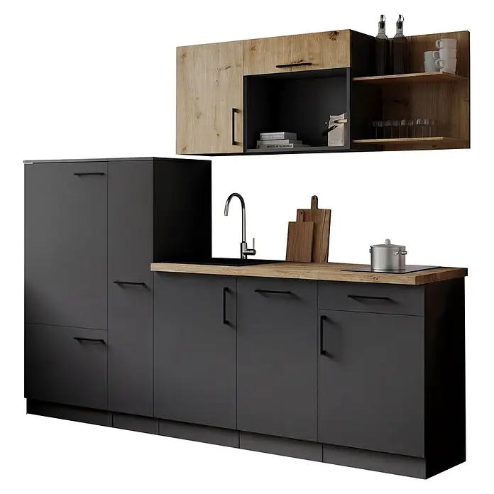 Respekta Oliver Küchenzeile - Breite: 235 cm, Grau/Holz, Mit Elektrogeräten - Moderne Modulküche mit dunkelgrauen Unterschränken, Holzplatte und zweifarbigen Oberschränken mit Spüle und Kochfeld.