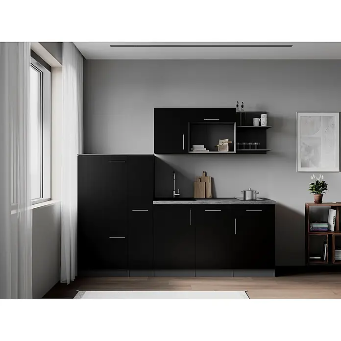 Respekta Oliver Küchenzeile - Breite: 235 cm, Schwarz, Mit Elektrogeräten - Moderne schwarze Küchenschränke mit grauer Arbeitsplatte, integrierter Spüle und Kochfeld.