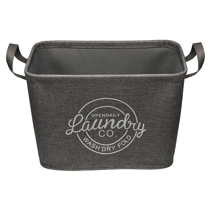 Versa Cesta de tela Laundry - L x An x Al: 26 x 38 x 26 cm, Gris oscuro, Poliéster - Cesto de ropa de tela gris oscuro con asas y un logo blanco 'Laundry Co.'.