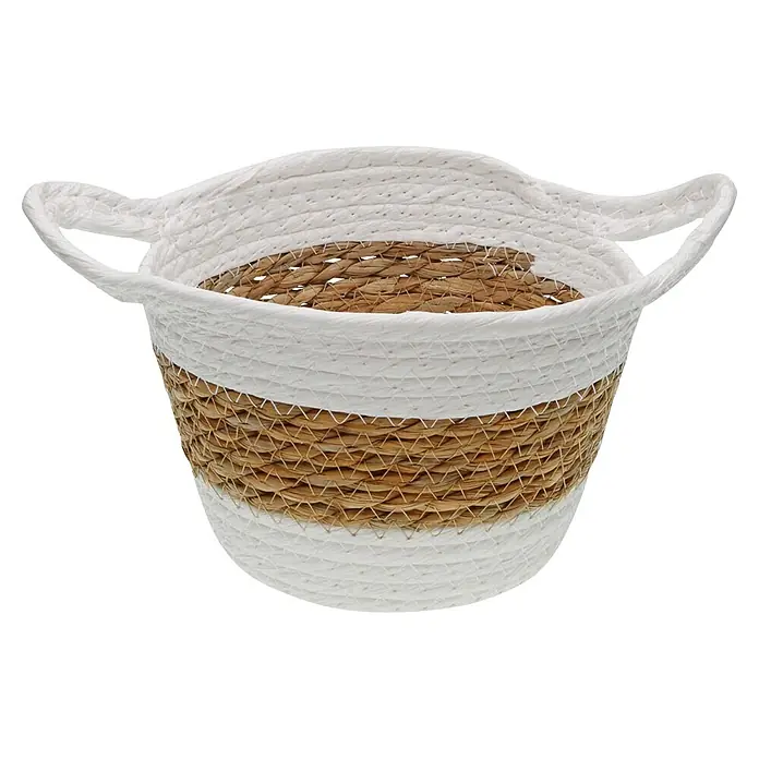 Versa Cesta - Beige - Cesta de almacenamiento tejida de dos tonos con rayas blancas y marrones naturales y asas integradas.
