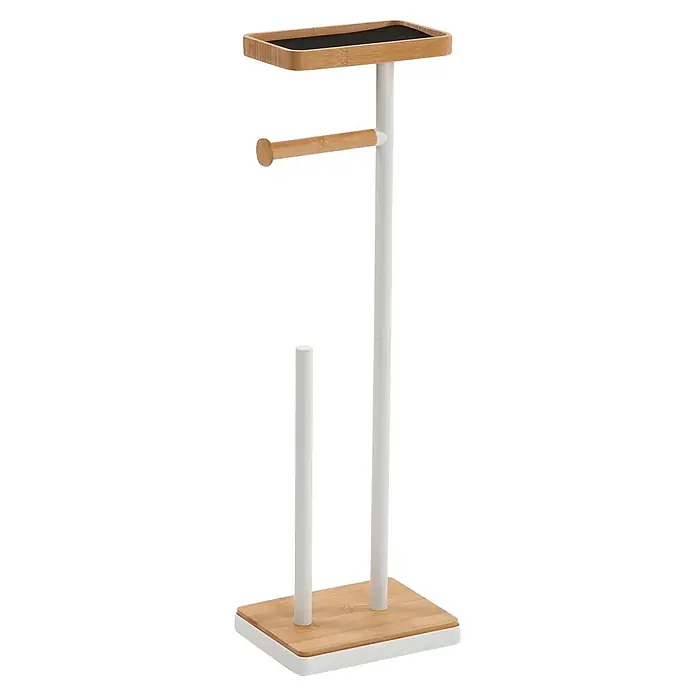 Versa Portarrollos papel higiénico - L x An x Al: 205 x 155 x 67 cm, Blanco - Portarrollos de pie con estante de bambú y estructura blanca, con dispensador principal y para rollos de repuesto.
