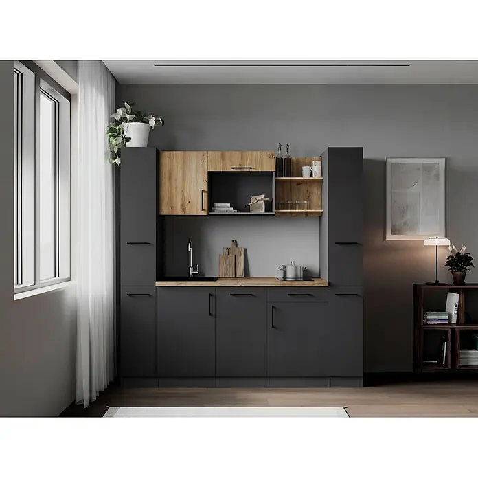 Respekta Oliver Singleküche - Breite: 205 cm, Grau/Holz, Geschirrspüler | Kochfeld - Moderne Küche mit dunkelgrauen Schränken und Holzoptik-Akzenten, inklusive Spüle, Kochfeld und Stauraum.