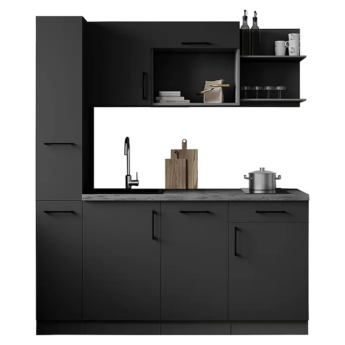 Respekta Oliver Singleküche - Breite: 175 cm, Grau, Höhe: 205 cm, Kochfeld | Geschirrspüler - Moderne schwarze Küche mit dunkler Arbeitsplatte, Spüle, Kochfeld und Regalen mit Accessoires.