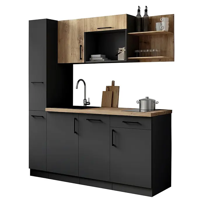 Respekta Oliver Singleküche - Breite: 175 cm, Grau/Holz, Höhe: 205 cm, Kochfeld | Geschirrspüler - Moderne Küchenzeile mit dunkelgrauen Schränken, heller Holztheke und Regalen. Mit Spüle, Kochfeld und integriertem Stauraum.
