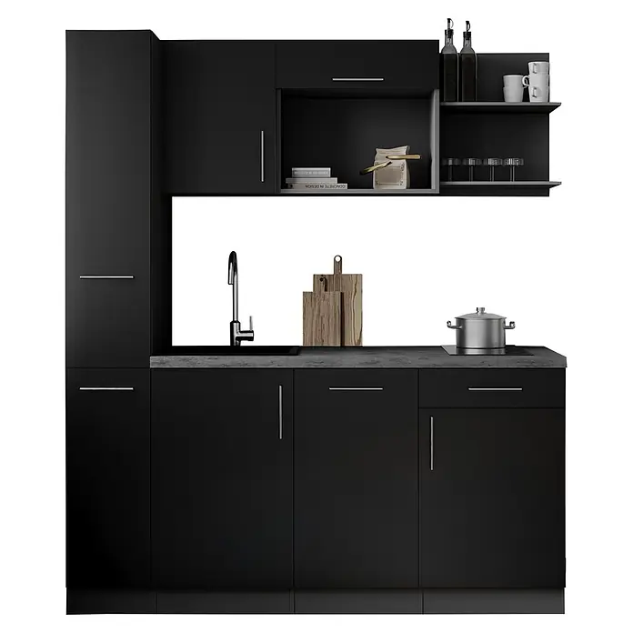 Respekta Oliver Singleküche - Breite: 175 cm, Schwarz, Höhe: 205 cm, Kochfeld | Geschirrspüler - Moderne schwarze Küchenzeile mit matten Schränken, dunkler Arbeitsplatte, Spüle, Kochfeld und einfacher Deko.
