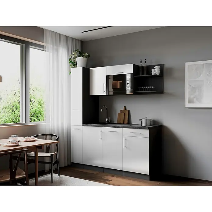 Respekta Oliver Singleküche - Breite: 175 cm, Weiß, Höhe: 205 cm, Kochfeld | Geschirrspüler | Mikrowelle - Kompakte moderne Küche mit weißen und schwarzen Schränken, dunkler Arbeitsplatte, integrierter Mikrowelle, Spüle und Essbereich.