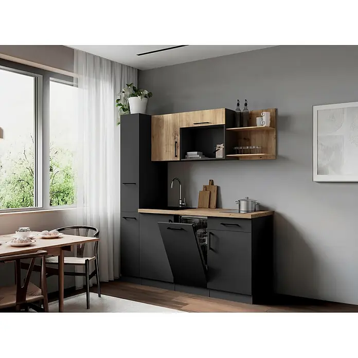 Respekta Oliver Singleküche - Breite: 175 cm, Grau/Holz, Höhe: 205 cm, Kochfeld | Geschirrspüler - Moderne Küche mit dunkelgrauen Schränken, hellen Holz-Arbeitsplatten und offener Spülmaschine in natürlicher Umgebung.