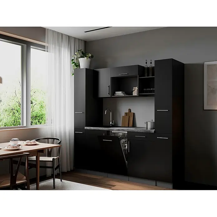 Respekta Oliver Singleküche - Breite: 205 cm, Schwarz, Geschirrspüler | Kochfeld - Moderne schwarze Küchenschränke mit integriertem Geschirrspüler, Spüle und Essbereich am Fenster.