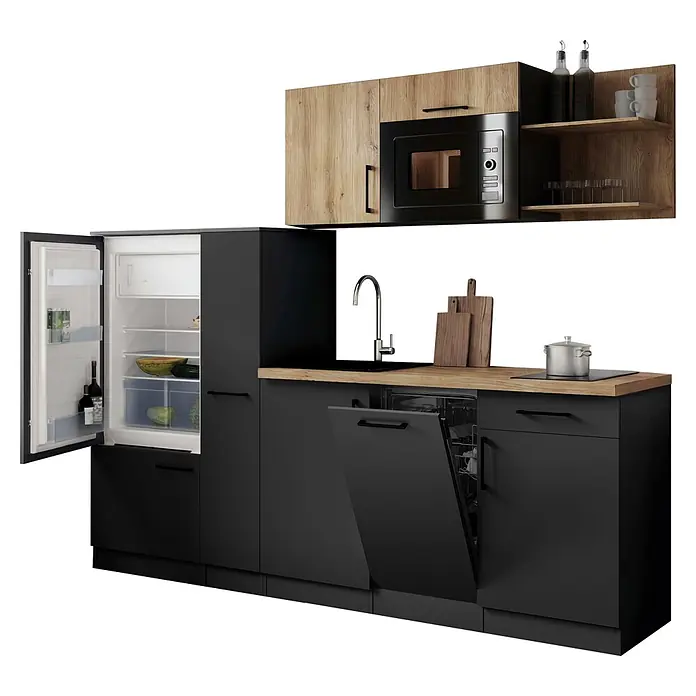 Respekta Oliver Küchenzeile - Breite: 235 cm, Grau/Holz, Mit Elektrogeräten, mit Mikrowelle - Moderne schwarze Küche mit Holz-Arbeitsplatte, integriertem Kühlschrank, Mikrowelle, Spüle und offenem Geschirrspüler.