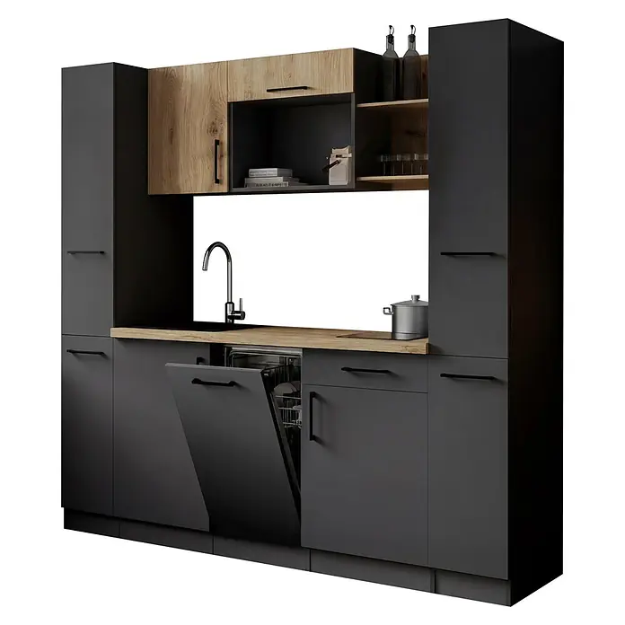 Respekta Oliver Singleküche - Breite: 205 cm, Grau/Holz, Geschirrspüler | Kochfeld - Moderne dunkelgraue Küchenzeile mit Holzplatte, Holzakzenten, integrierter Spüle und offener Spülmaschine.