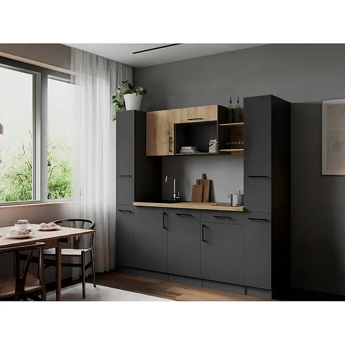 Respekta Oliver Singleküche - Breite: 205 cm, Grau/Holz, Geschirrspüler | Kochfeld - Moderne Küche mit dunkelgrauen Unter- und Hochschränken, hellen Holz-Oberschränken und Arbeitsplatte, Spüle und Essbereich am Fenster.