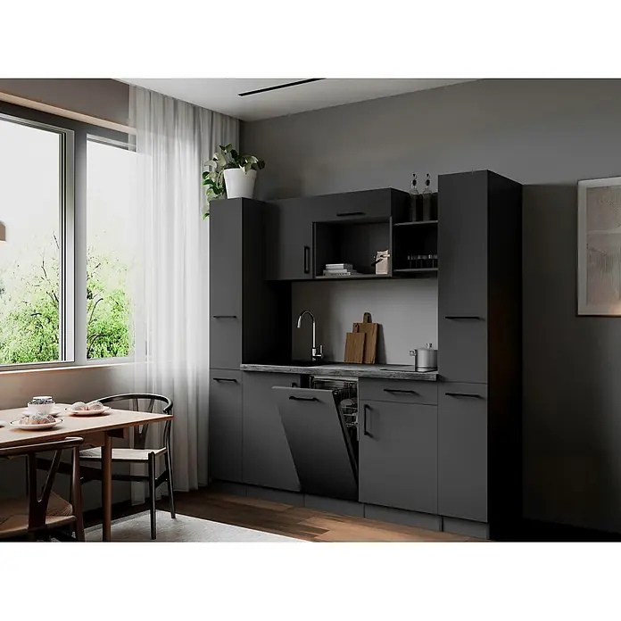 Respekta Oliver Singleküche - Breite: 205 cm, Grau, Geschirrspüler | Kochfeld - Moderne dunkelgraue Küche mit integriertem Geschirrspüler in hellem Raum mit Esstisch am Fenster.