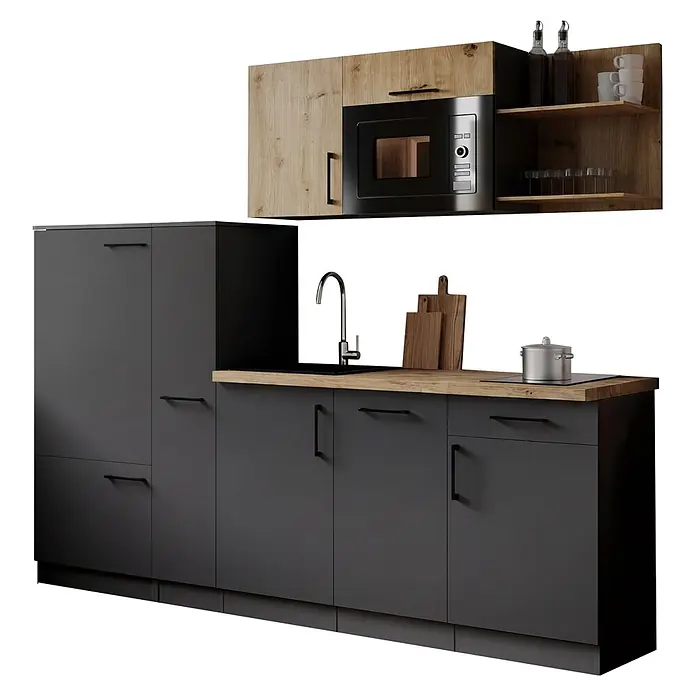 Respekta Oliver Küchenzeile - Breite: 235 cm, Grau/Holz, Mit Elektrogeräten, mit Mikrowelle - Moderne Küche mit dunkelgrauen Unterschänken, Holzarbeitsplatte, Spüle und einer Mikrowelle, die in obere Holzschränke und Regale integriert ist.