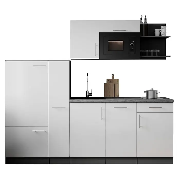 Respekta Oliver Küchenzeile - Breite: 235 cm, Weiß, Mit Elektrogeräten, mit Mikrowelle - Moderne weiße Küche mit schwarzer Arbeitsplatte, integrierter Mikrowelle, Spüle und Kochfeld, bietet effizienten Stauraum und Arbeitsfläche.