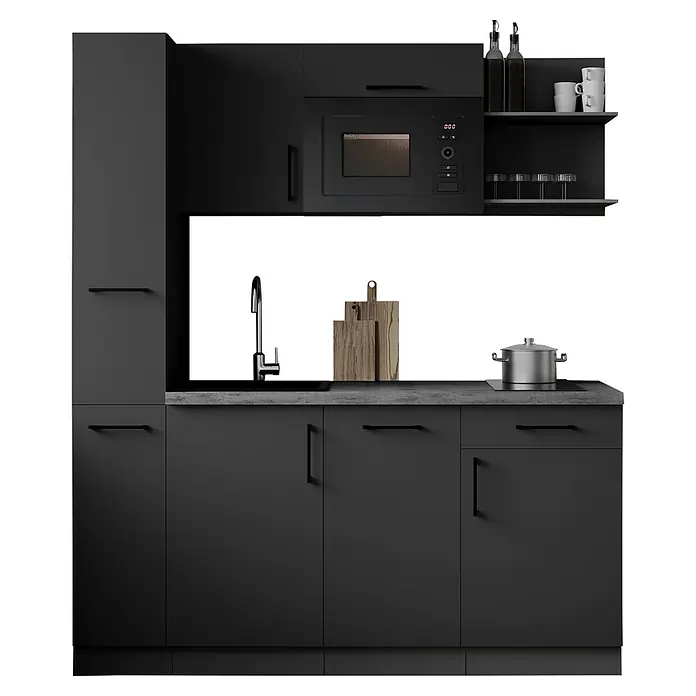 Respekta Oliver Singleküche - Breite: 175 cm, Grau, Höhe: 205 cm, Kochfeld | Geschirrspüler | Mikrowelle - Schwarze modulare Küche mit Spüle, Mikrowelle und Regalen, dazu Küchenaccessoires auf dunkler Arbeitsplatte.
