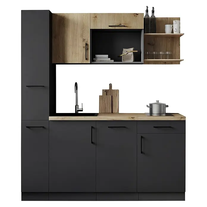 Respekta Oliver Singleküche - Breite: 175 cm, Grau/Holz, Höhe: 205 cm, Kochfeld | Geschirrspüler - Moderne Küche mit dunkelgrauen und hellen Holzschränken, schwarzen Griffen und Holzarbeitsplatte mit Spüle.