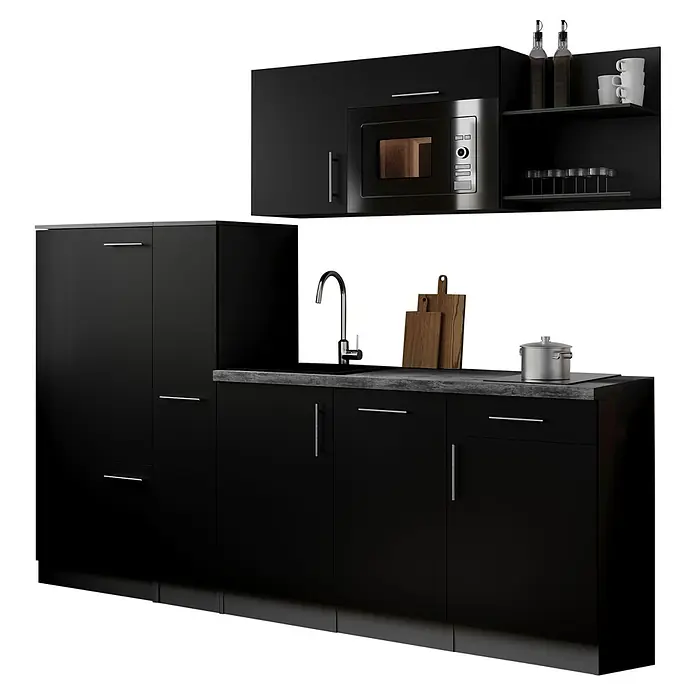 Respekta Oliver Küchenzeile - Breite: 235 cm, Schwarz, Mit Elektrogeräten, mit Mikrowelle - Schwarze Küchenzeile mit eingebauter Mikrowelle, Spüle, dunkler Arbeitsplatte und offenen Regalen.