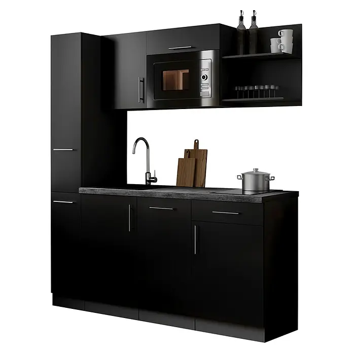Respekta Oliver Singleküche - Breite: 175 cm, Schwarz, Höhe: 205 cm, Kochfeld | Geschirrspüler | Mikrowelle - Moderne schwarze Küchenzeile mit Schränken, integrierter Mikrowelle, Spüle, Kochfeld und offenen Regalen mit Küchenutensilien.