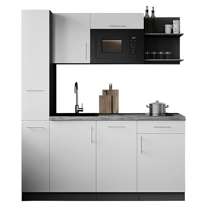 Respekta Oliver Singleküche - Breite: 175 cm, Weiß, Höhe: 205 cm, Kochfeld | Geschirrspüler | Mikrowelle - Moderne weiße Küchenzeile mit Mikrowelle, Spüle und Kochfeld. Dunkle Arbeitsplatte, Regale und Edelstahlelemente.