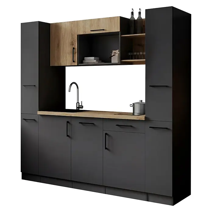 Respekta Oliver Singleküche - Breite: 205 cm, Grau/Holz, Geschirrspüler | Kochfeld - Moderne dunkelgraue Küchenschränke mit hellen Holzfronten und Arbeitsplatte, inklusive Spüle und Armatur.