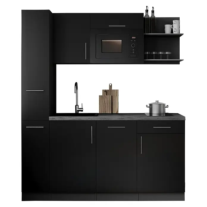 Respekta Oliver Singleküche - Breite: 175 cm, Schwarz, Höhe: 205 cm, Kochfeld | Geschirrspüler | Mikrowelle - Elegante schwarze Küche mit integrierter Mikrowelle, Spüle, Kochfeld und Kochzubehör.