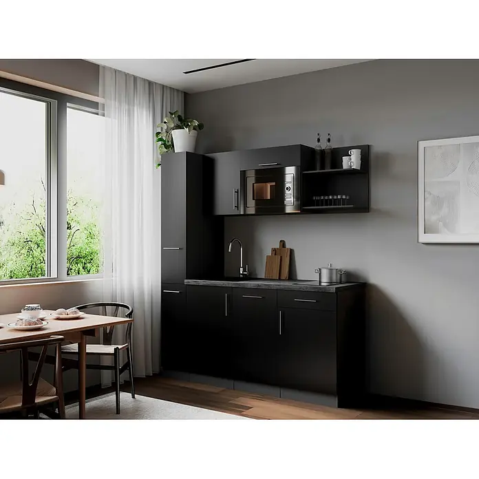 Respekta Oliver Singleküche - Breite: 175 cm, Schwarz, Höhe: 205 cm, Kochfeld | Geschirrspüler | Mikrowelle - Moderne schwarze Küchenschränke mit integrierten Geräten in einem kompakten Koch-Essbereich.