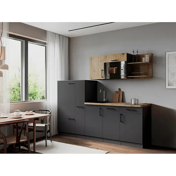 Respekta Oliver Küchenzeile - Breite: 235 cm, Grau/Holz, Mit Elektrogeräten, mit Mikrowelle - Moderne Küche mit anthrazitfarbenen Schränken, hellen Holzplatten und Essbereich. Integrierte Mikrowelle und Spüle.