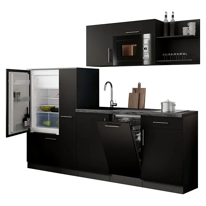 Respekta Oliver Küchenzeile - Breite: 235 cm, Schwarz, Mit Elektrogeräten, mit Mikrowelle - Moderne schwarze Küchenzeile mit dunkelgrauer Arbeitsplatte, integriertem Kühlschrank, Mikrowelle, Spüle und offenem Geschirrspüler.