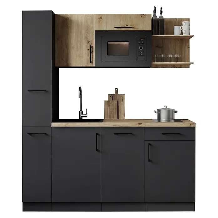 Respekta Oliver Singleküche - Breite: 175 cm, Grau/Holz, Höhe: 205 cm, Kochfeld | Geschirrspüler | Mikrowelle - Moderne Küche mit dunkelgrauen Unter- und Hochschränken, hellen Holzoptik-Oberschränken, Mikrowelle, Spüle und offenen Regalen.